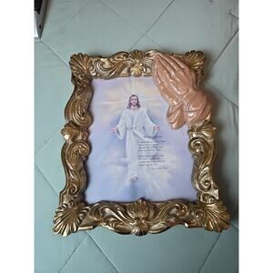Vintage Resurrection Of Jesus Wall Picture Praying Hands Gold Frame 13" x 10"